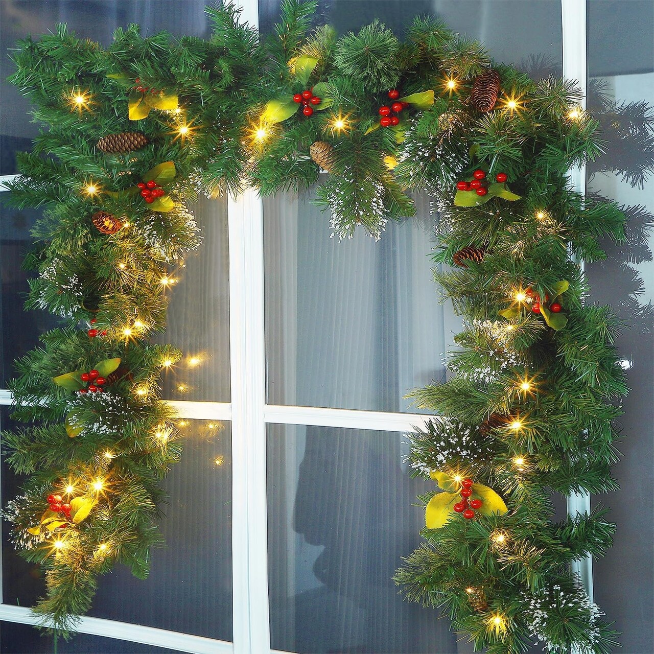 9FT Pre-Lit Christmas Garland with 50 Warm White LED Lights, Battery Operated & Timer